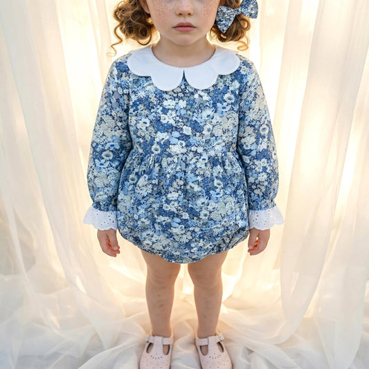 Long-Sleeved Liberty London Special Occasion Bubble Playsuit, Handmade Sustainable Children-wear, Ditsy Floral Children Romper