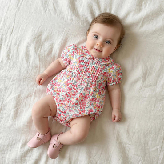 May include: A baby wearing a floral print romper with a Peter Pan collar and matching pink shoes. The romper features a pattern of pink and red flowers on a white background. The baby is lying on a white sheet.