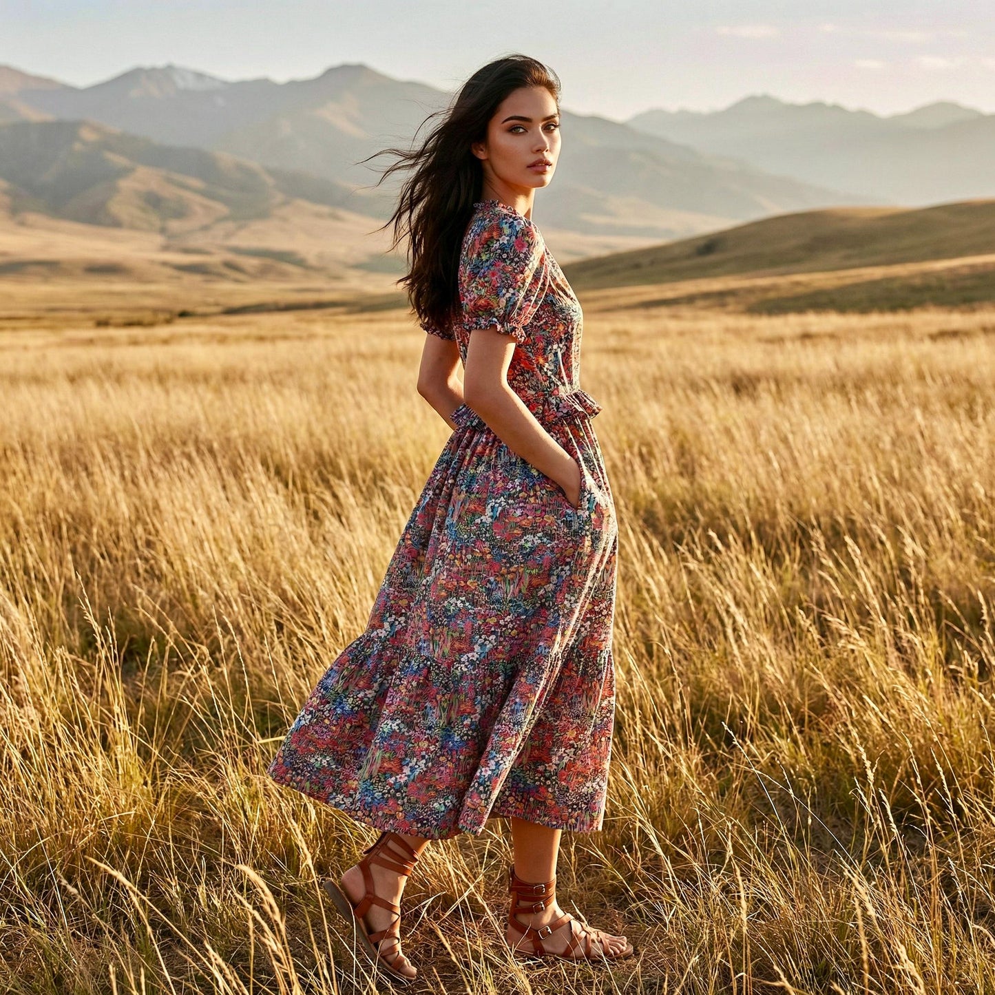 Liberty London V-Neck Short-sleeved Midi-Length Sun Dress, Sustainable Handmade Womenswear, Botanical Floral Slow-Fashion Clothing