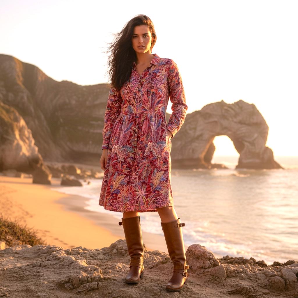 May include: A long-sleeved, button-down dress with a floral pattern in shades of red, pink, and blue. The dress is paired with brown knee-high boots. The background features a beach and rock formations under a warm sunset.