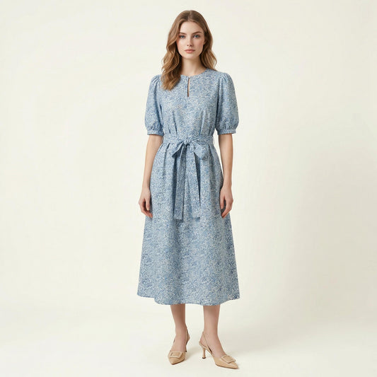 Liberty London Midi-Length Dress, Ditsy Floral-Print Puffed-Sleeves Cotton Clothing, Handmade Slow-Fashioned Womenswear, Botanical Gown