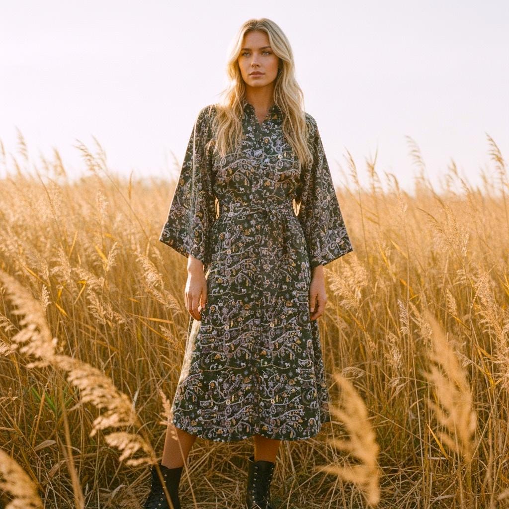 May include: A dark green midi dress with a floral pattern, long sleeves, and a belted waist. The dress is worn with black boots. The model is standing in a field of tall, dry grass.