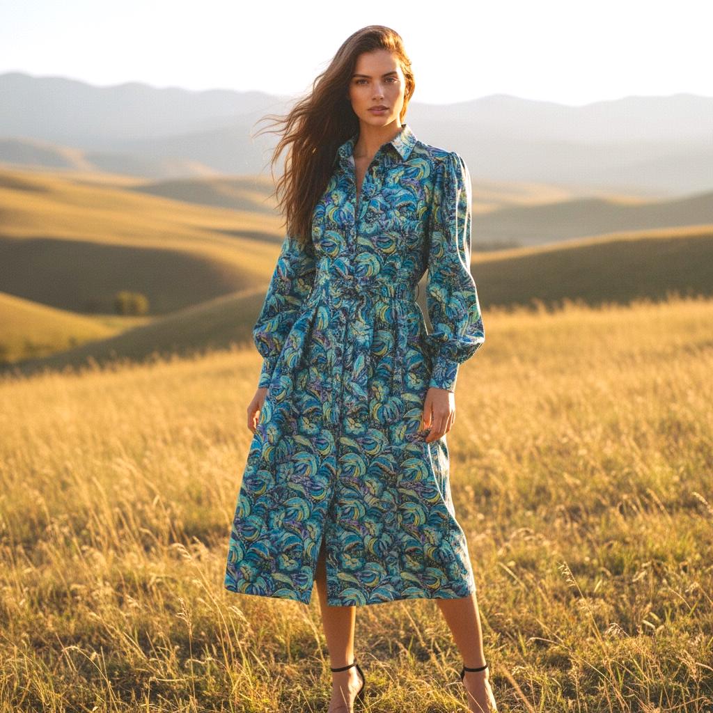 Long Sleeve Liberty London Shirt Dress: Botanical Floral Print, Midi Flower Dress