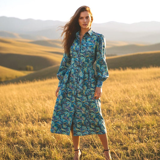 Long Sleeve Liberty London Shirt Dress: Botanical Floral Print, Midi Flower Dress