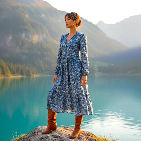 May include: A long-sleeved blue floral dress with a V-neck and a tiered skirt. The dress is paired with brown leather boots. The background features a lake and mountains.