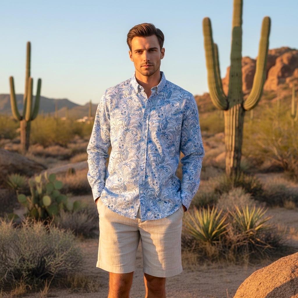 May include: A light blue button-down shirt with a white floral pattern and khaki shorts. The long-sleeved shirt is unbuttoned at the top. The background features desert vegetation and mountains.