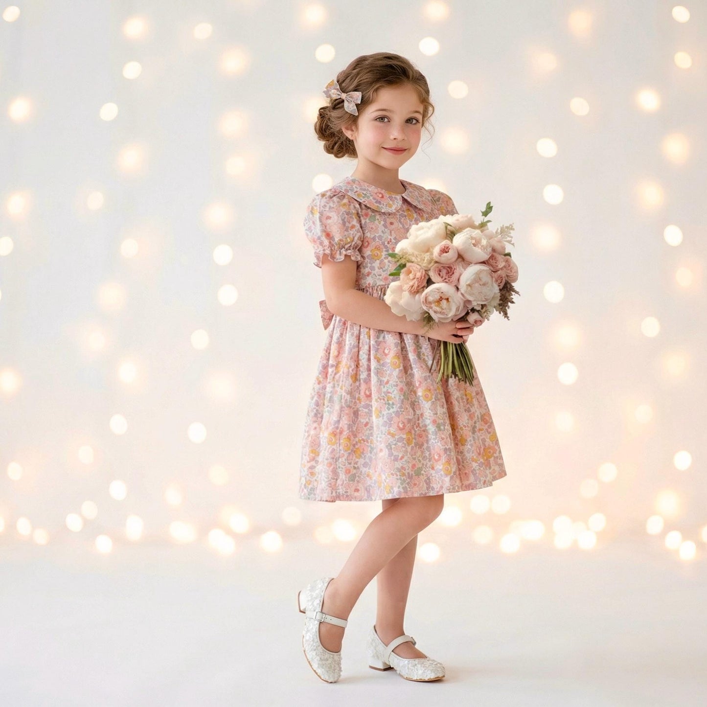 Liberty London Wedding Flower Girl Dress, Peter-Pan Collared Short-Sleeved Handmade Heirloom Gown, Sustainable Clothing