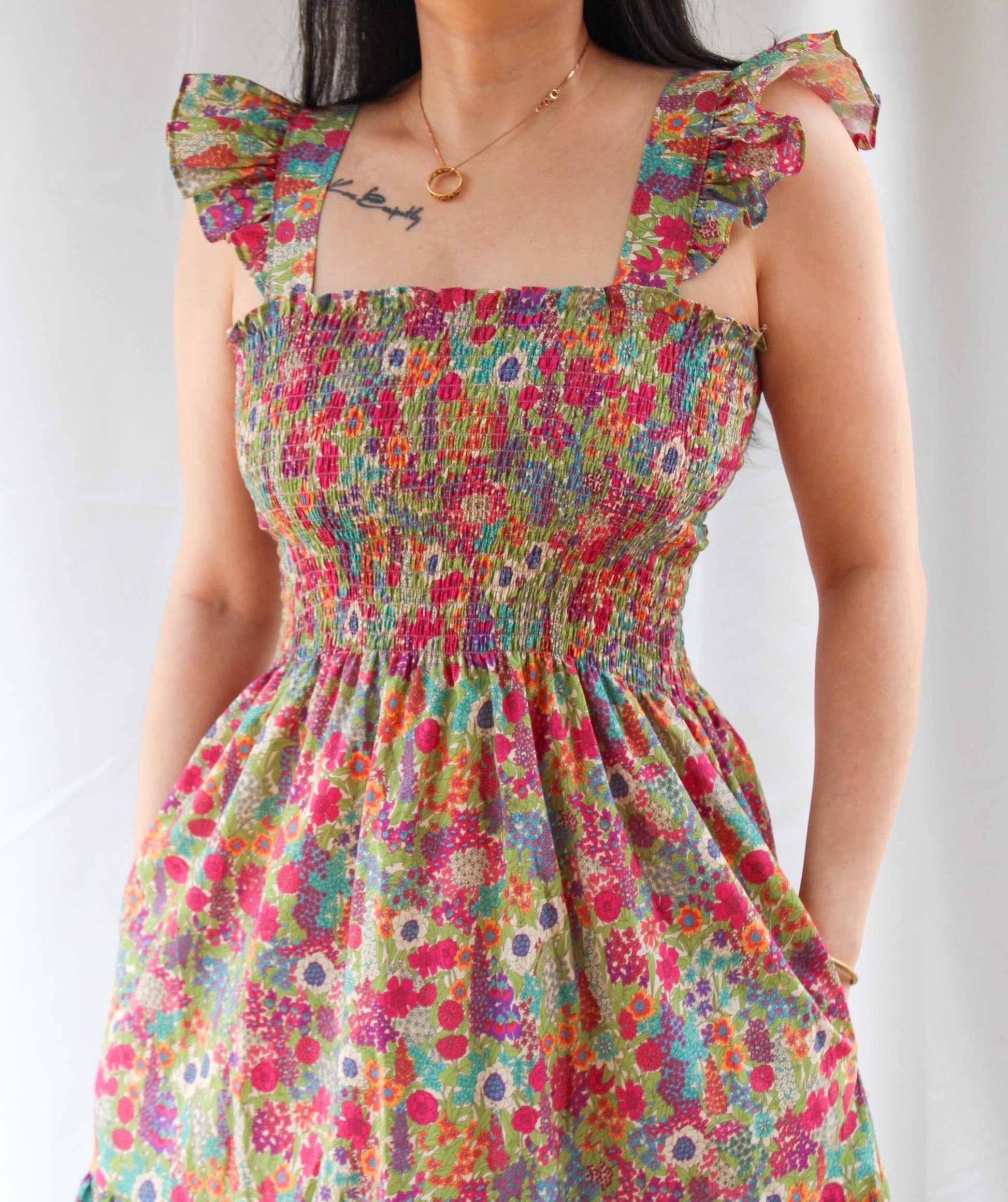 Liberty London Floral Print Smock Dress: Shirred Sleeveless Midi Dress, Ruffle Strap