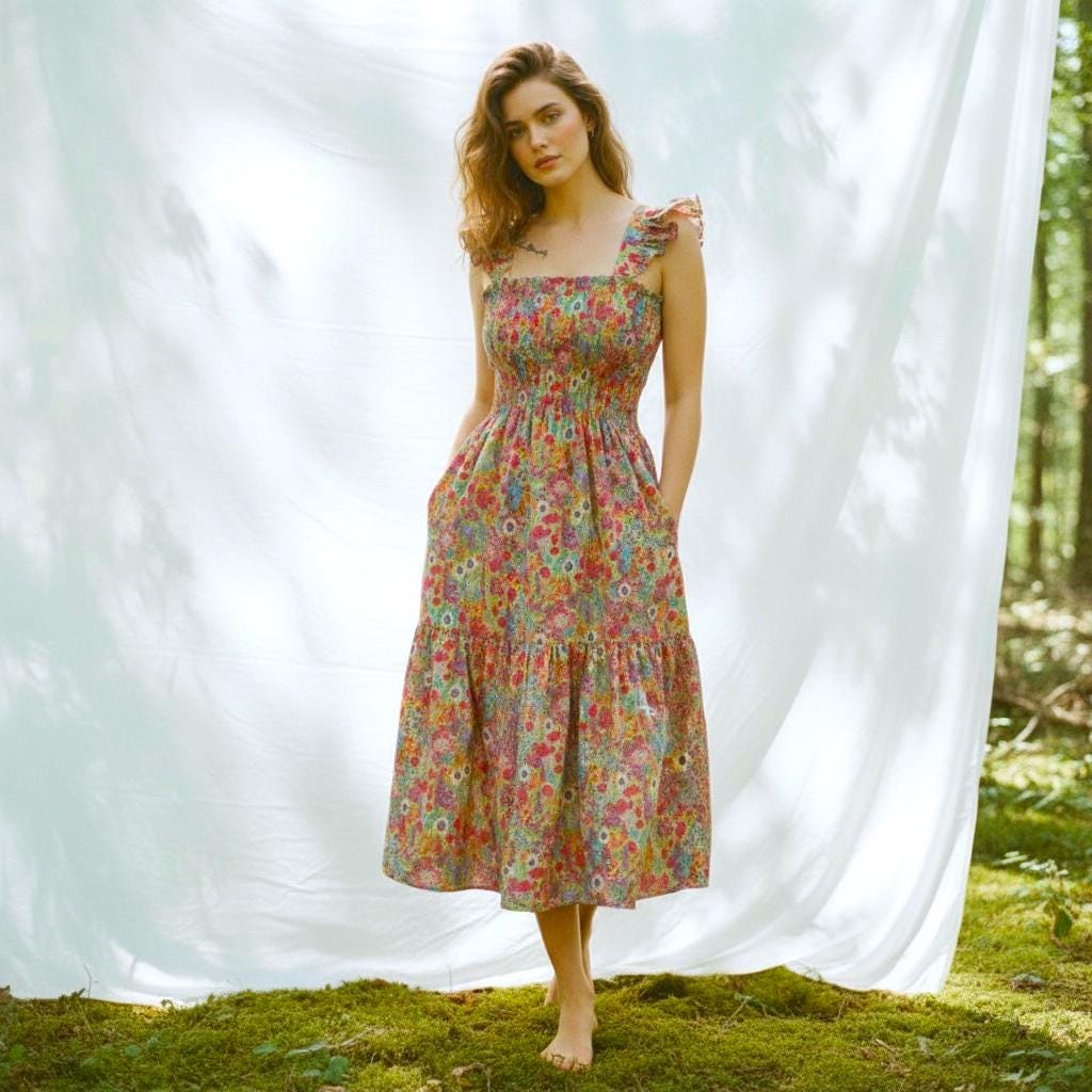 Liberty London Floral Print Smock Dress: Shirred Sleeveless Midi Dress, Ruffle Strap