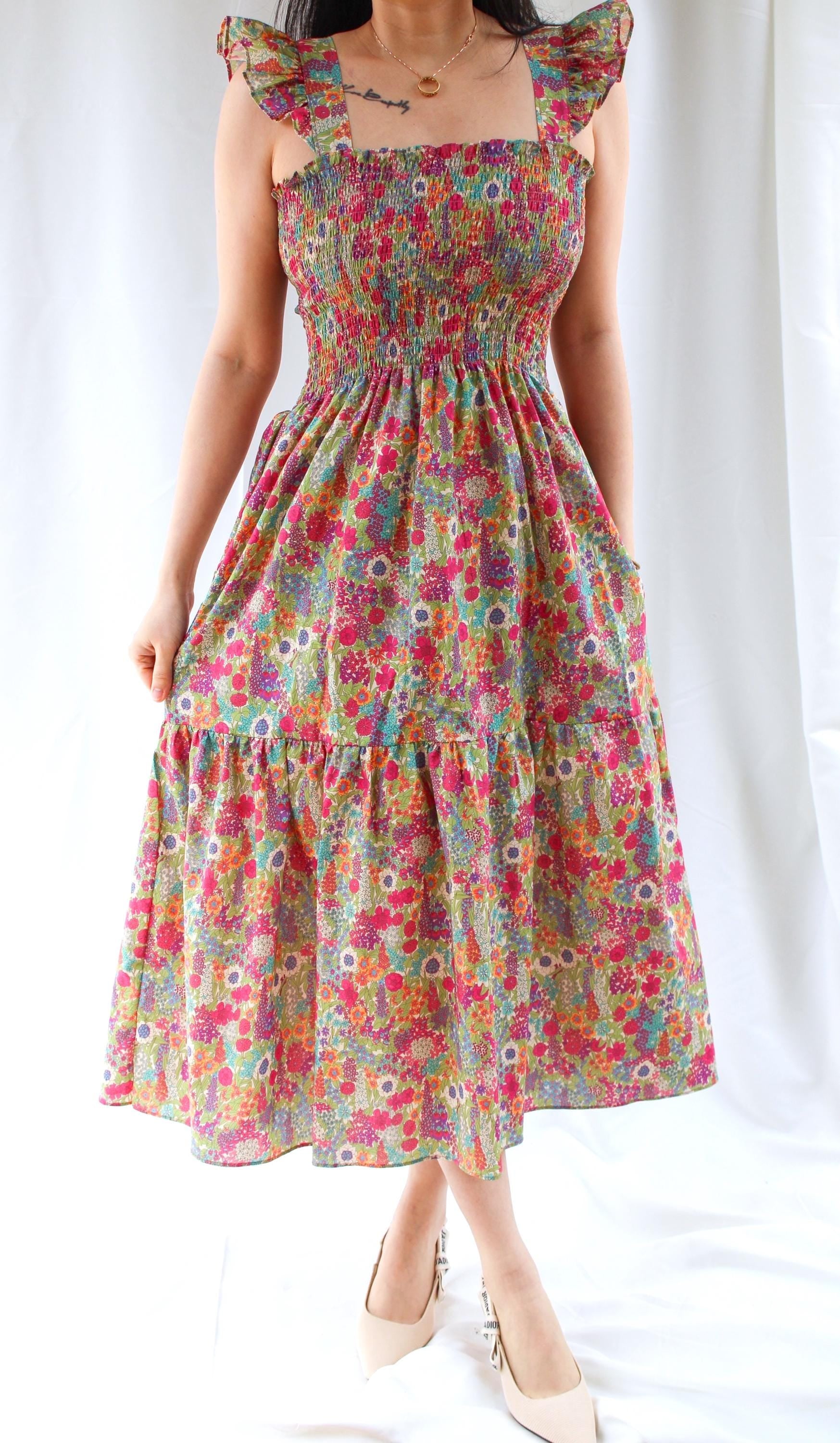 Liberty London Floral Print Smock Dress: Shirred Sleeveless Midi Dress, Ruffle Strap