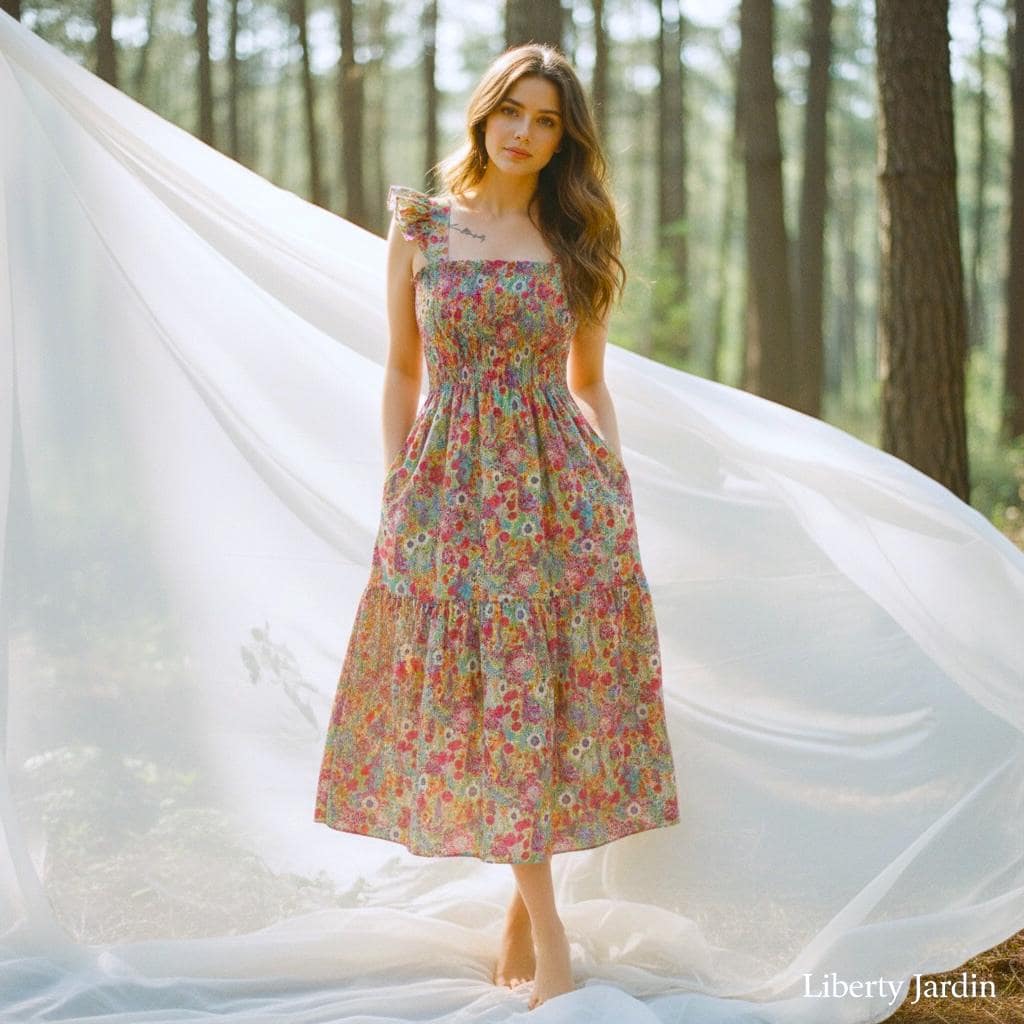 Liberty London Floral Print Smock Dress: Shirred Sleeveless Midi Dress, Ruffle Strap