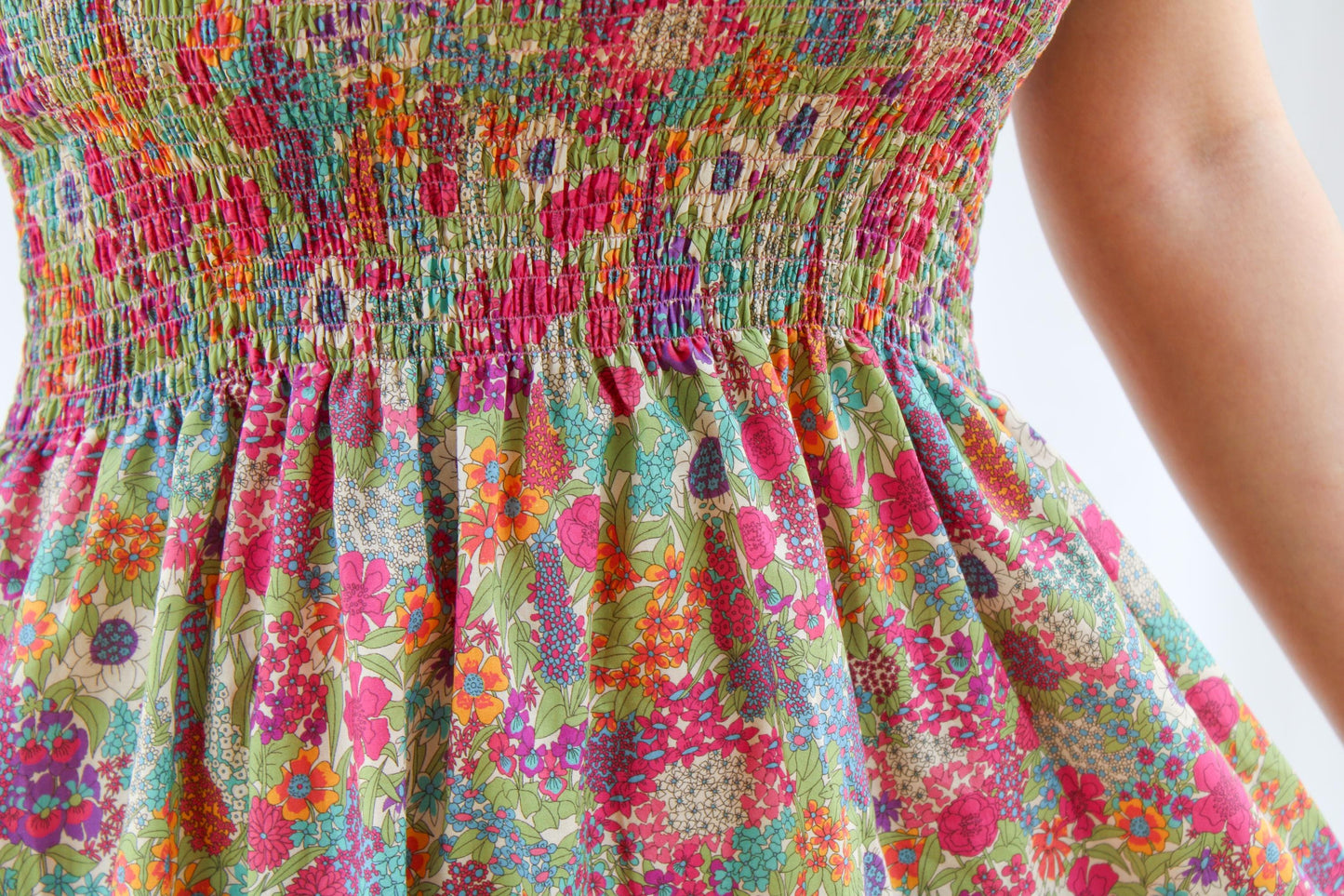 Liberty London Floral Print Smock Dress: Shirred Sleeveless Midi Dress, Ruffle Strap
