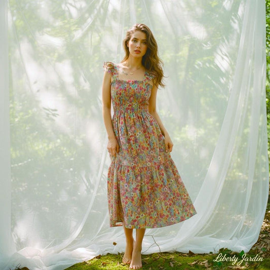 Liberty London Floral Print Smock Dress: Shirred Sleeveless Midi Dress, Ruffle Strap