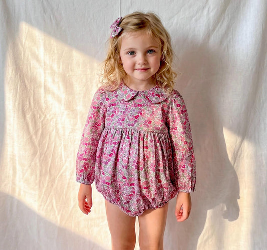Liberty London Long Sleeves Peter Pan Collar Bubble Romper, Cotton Ditsy Floral Print Playsuit