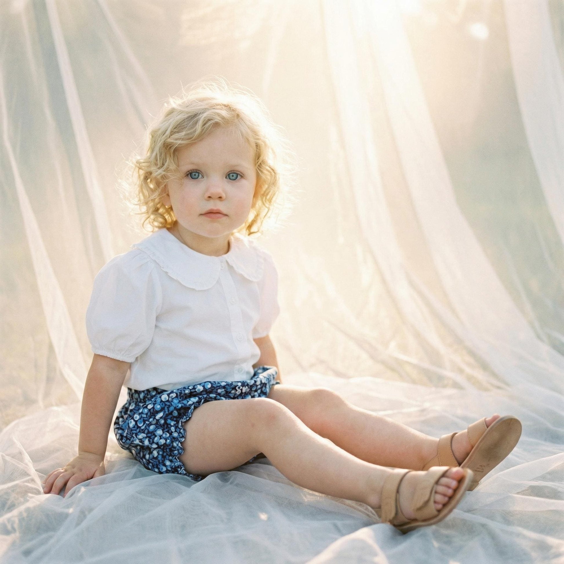 Peter Pan Collar Liberty Bubble Romper: Ditsy Floral Print Cotton, Short Sleeve