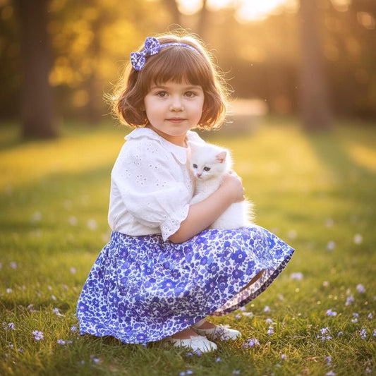 May include: A young girl wearing a white eyelet blouse and a blue floral skirt, holding a fluffy white kitten. She has a blue bow headband and white shoes. The scene is set in a grassy field with sunlight in the background.