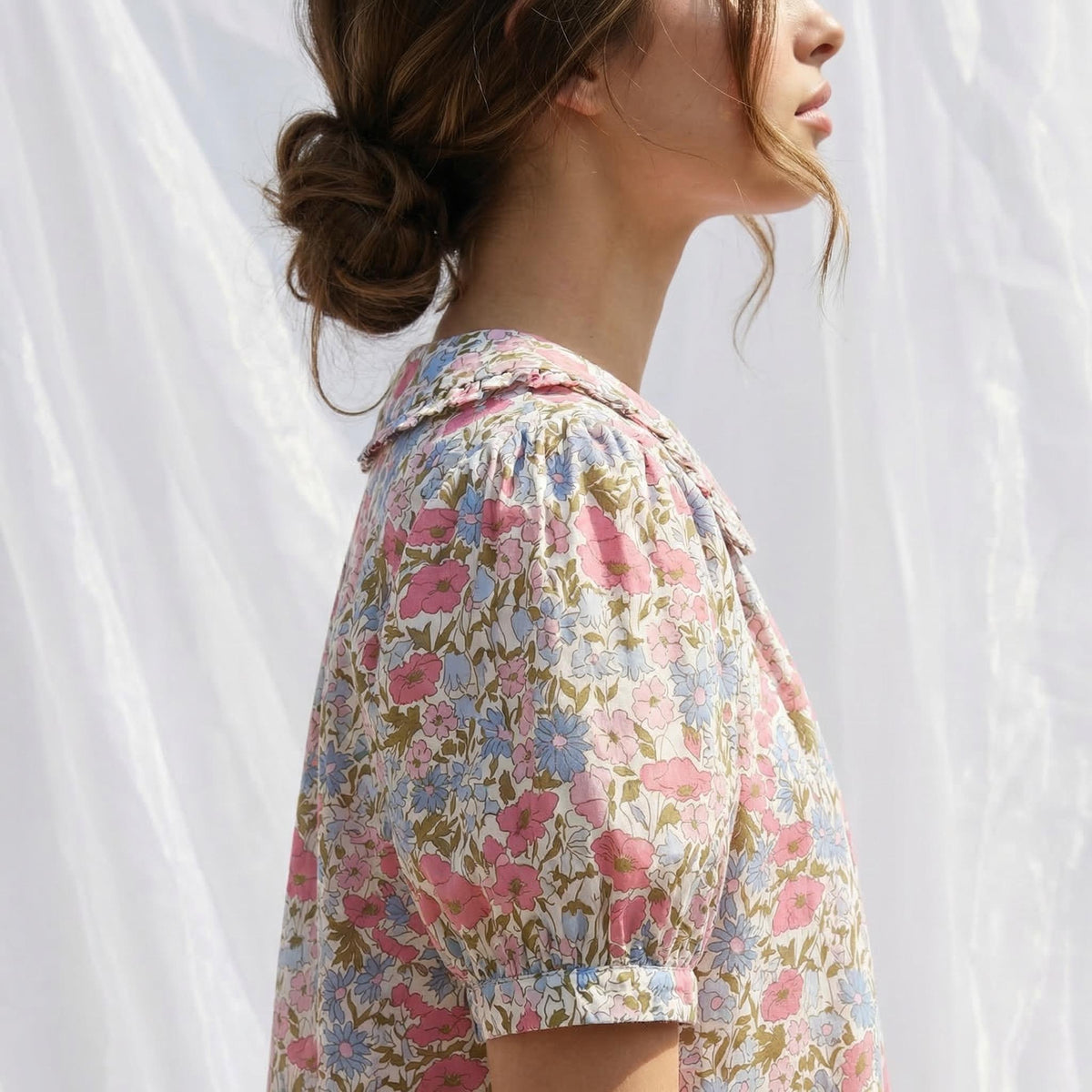 Liberty London Frilled Peter-Pan Collared Handmade Blouse, Button-up Puffed-Sleeves Chemise, Sustainable Tailoring Slow-fashioned Top
