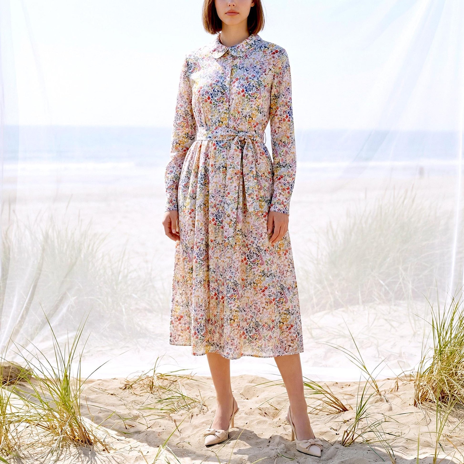 Liberty London Peter Pan Collared Long-sleeved Shirtdress, Personalised Handmade Sustainable Clothing, Botanical Lightweight Womenswear