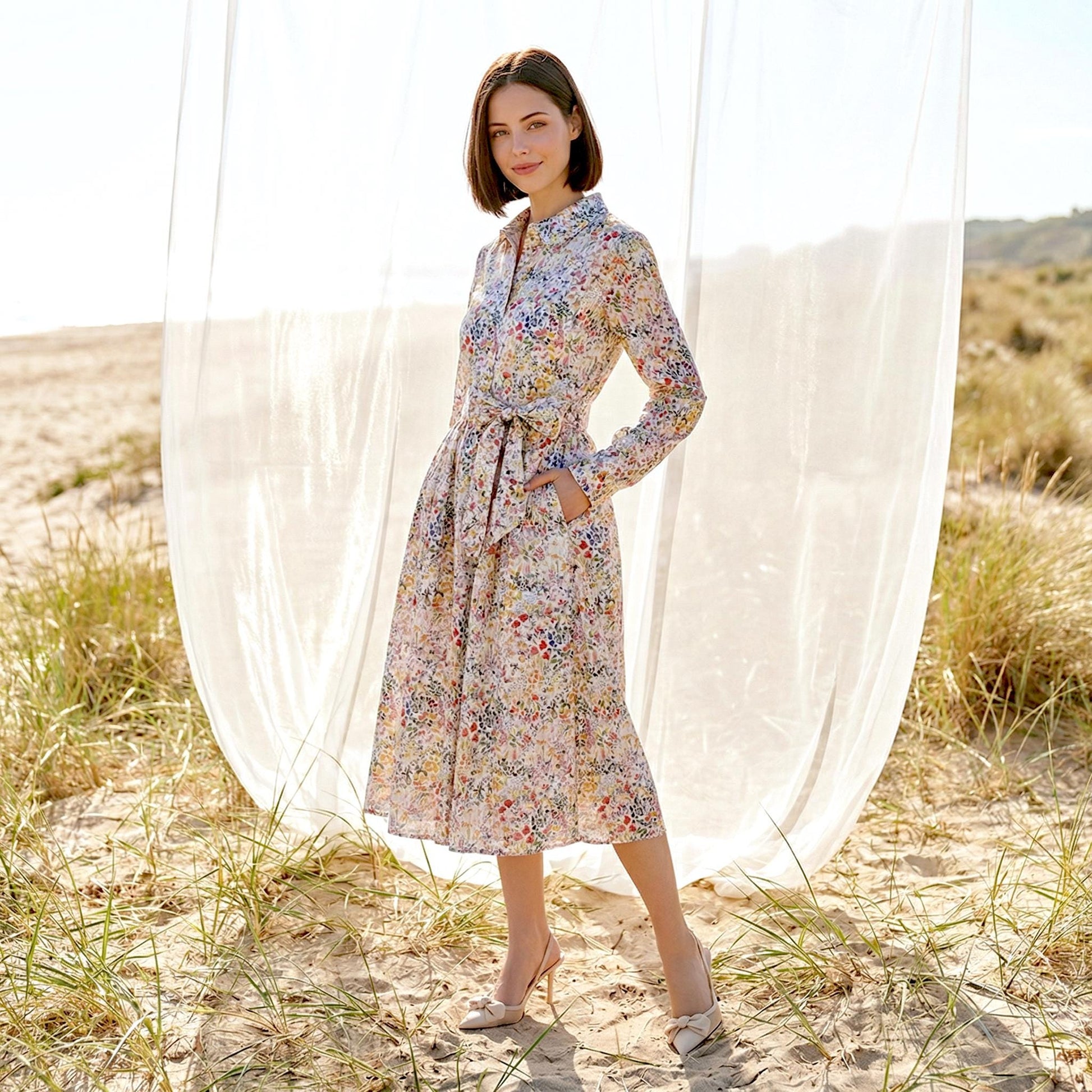 Liberty London Peter Pan Collared Long-sleeved Shirtdress, Personalised Handmade Sustainable Clothing, Botanical Lightweight Womenswear