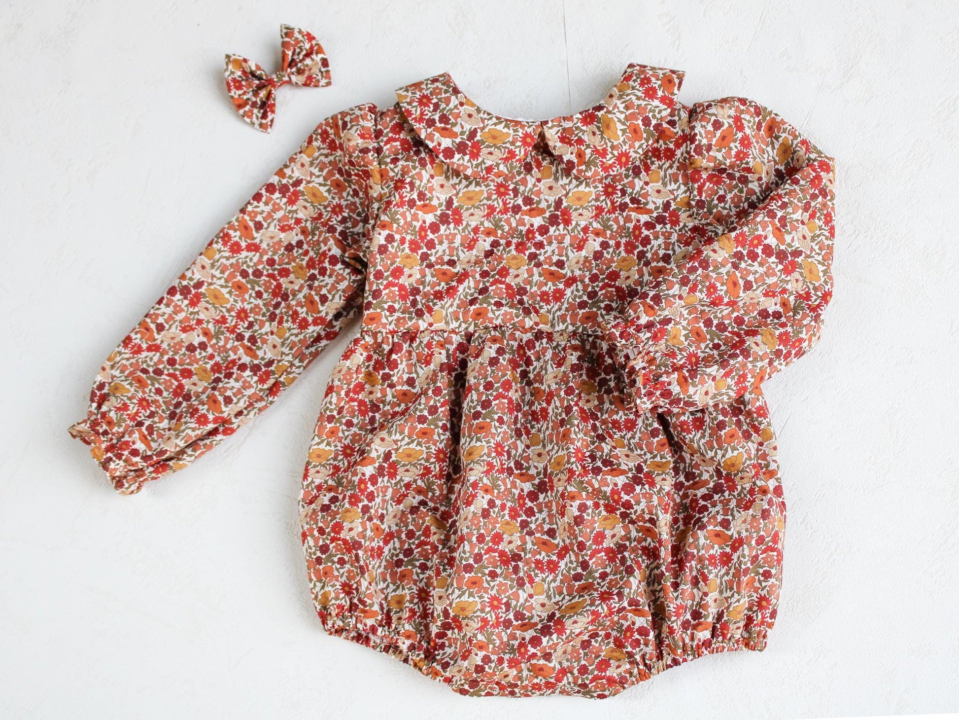 Liberty London Baby Playsuit: Long Sleeve Romper, Peter Pan Collar, Botanical Print