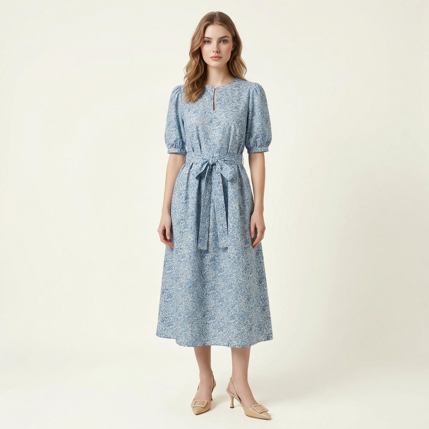 Pussy Bow Liberty London Midi Shirt Dress: Puffy Long Sleeves, Botanical Floral Print