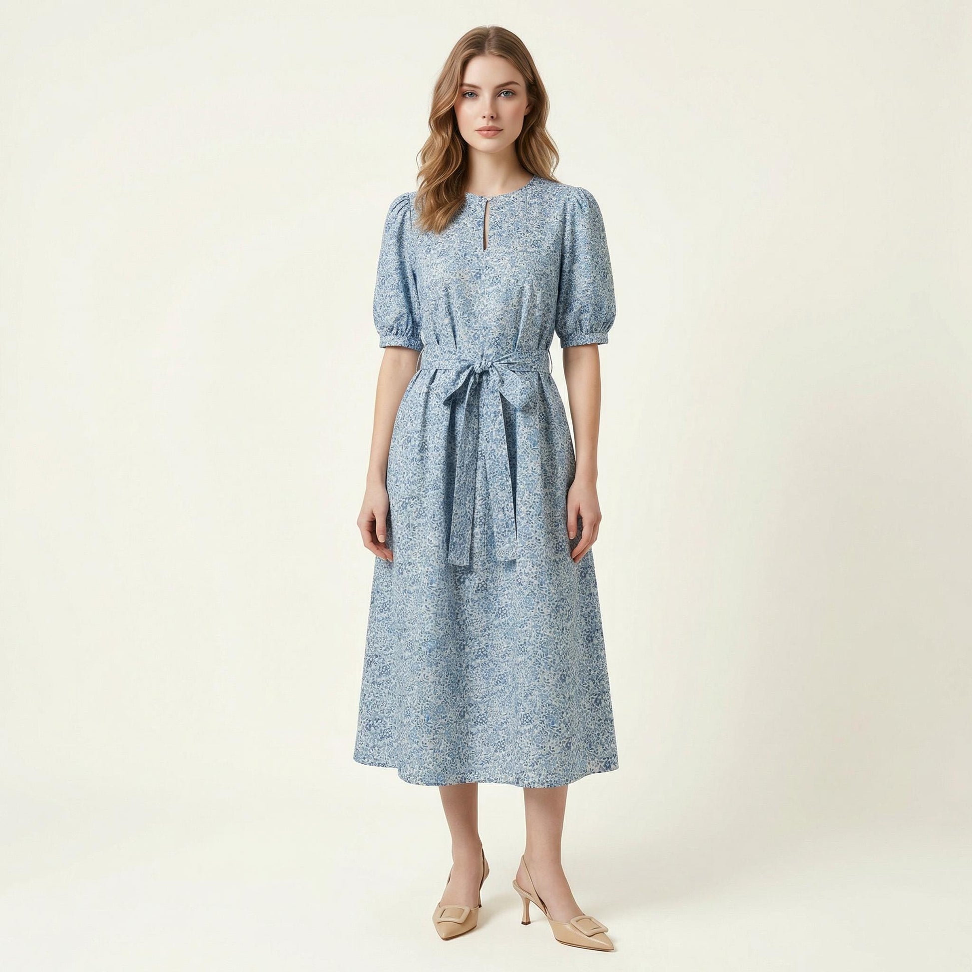 Pussy Bow Liberty London Midi Shirt Dress: Puffy Long Sleeves, Botanical Floral Print