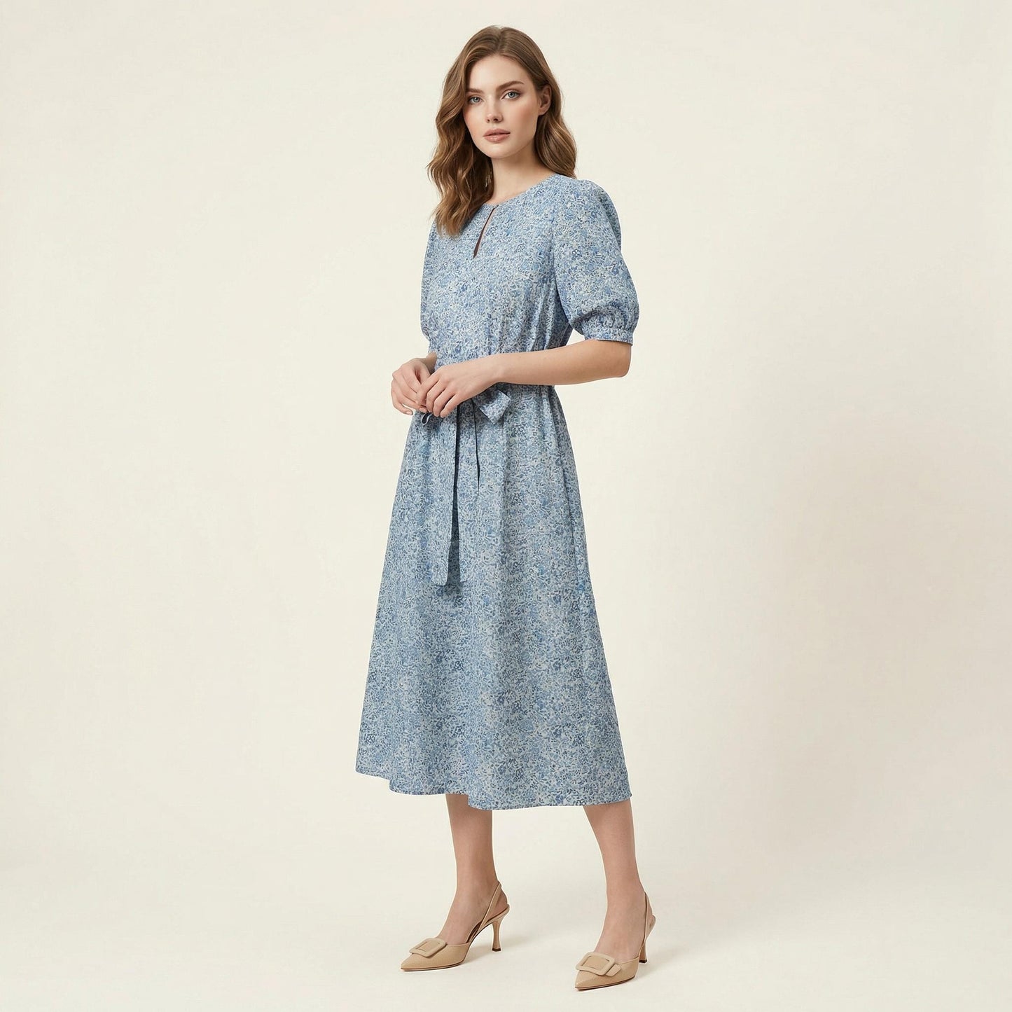 Pussy Bow Liberty London Midi Shirt Dress: Puffy Long Sleeves, Botanical Floral Print