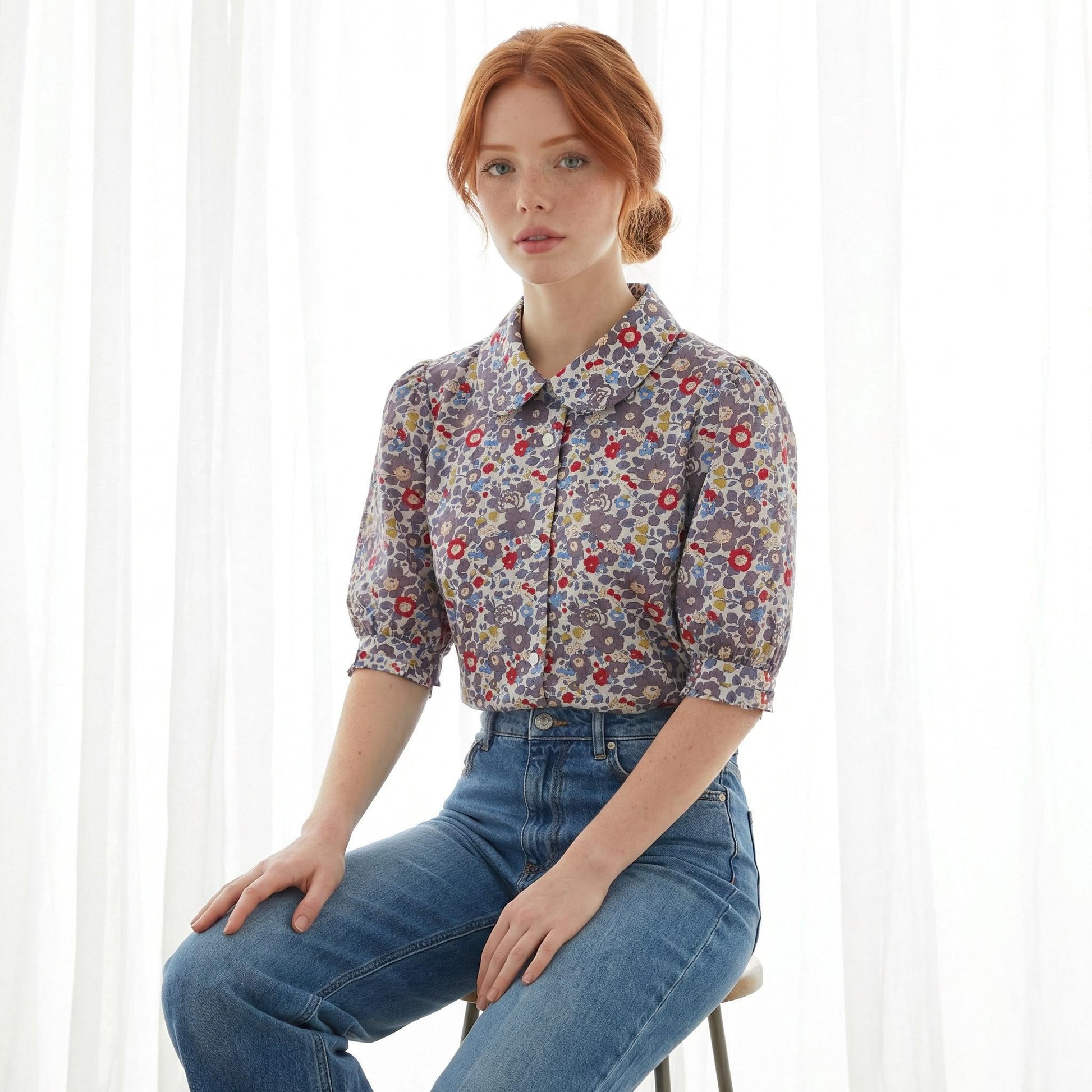 Liberty London Peter Pan Collared Handmade Chemise, Button-up Botanical Personalised Shirt, Minimalist Versatile Clothing, Short Sleeves Top