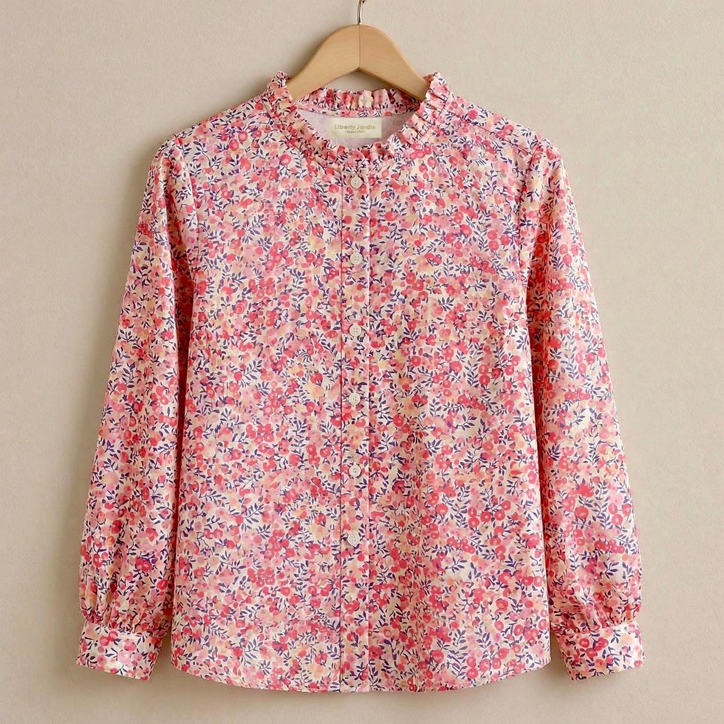 Liberty London Ruffle Collared Long Sleeves Button-up Blouse, Personalised Cotton Chemise, Handmade Sustainable Womenswear