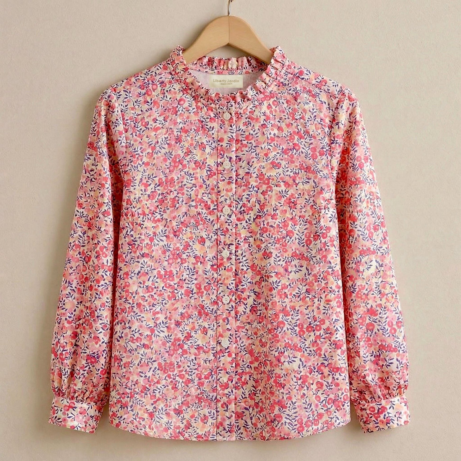 Liberty London Ruffle Collared Long Sleeves Button-up Blouse, Personalised Cotton Chemise, Handmade Sustainable Womenswear