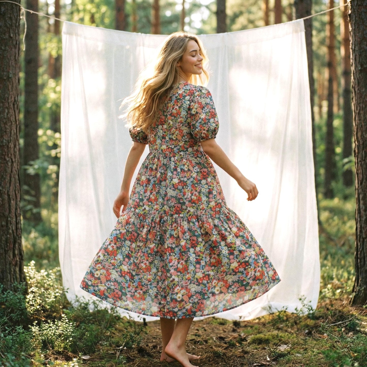 Oversize Liberty Shirt Dress Kimono 3/4 Sleeve: Button Through, Botanical Floral Print