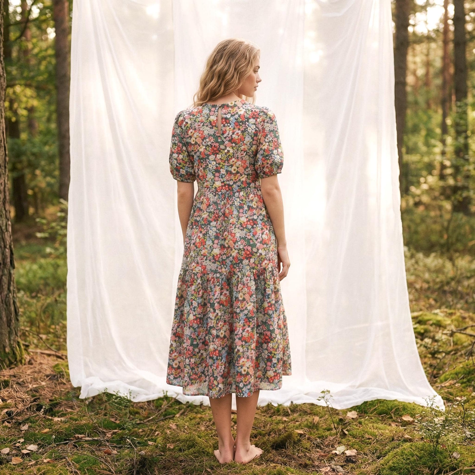 Oversize Liberty Shirt Dress Kimono 3/4 Sleeve: Button Through, Botanical Floral Print
