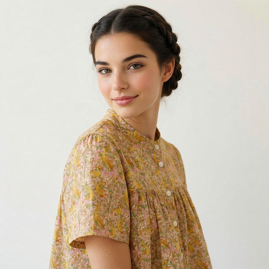 Liberty London Mandarin-Collared Smock Top, Handmade Button-Up Blouse Short-Sleeved , Botanical Floral-Print Chemise, Ethical Clothing