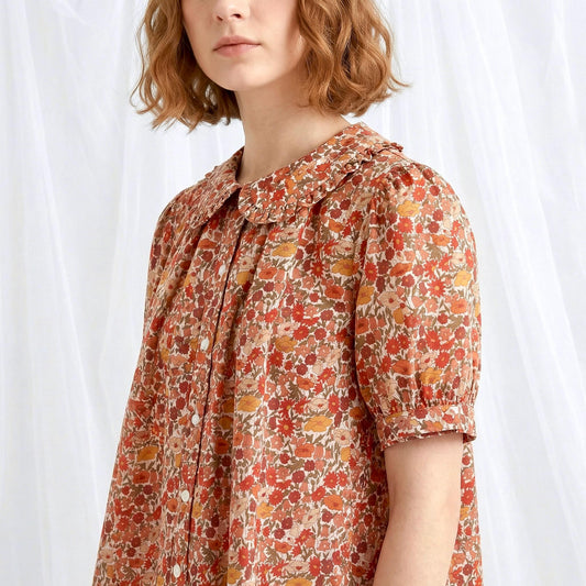 Liberty London Frilled Peter-Pan Collared Handmade Blouse, Button-up Puffed-Sleeves Chemise, Sustainable Tailoring Versatile Shirt