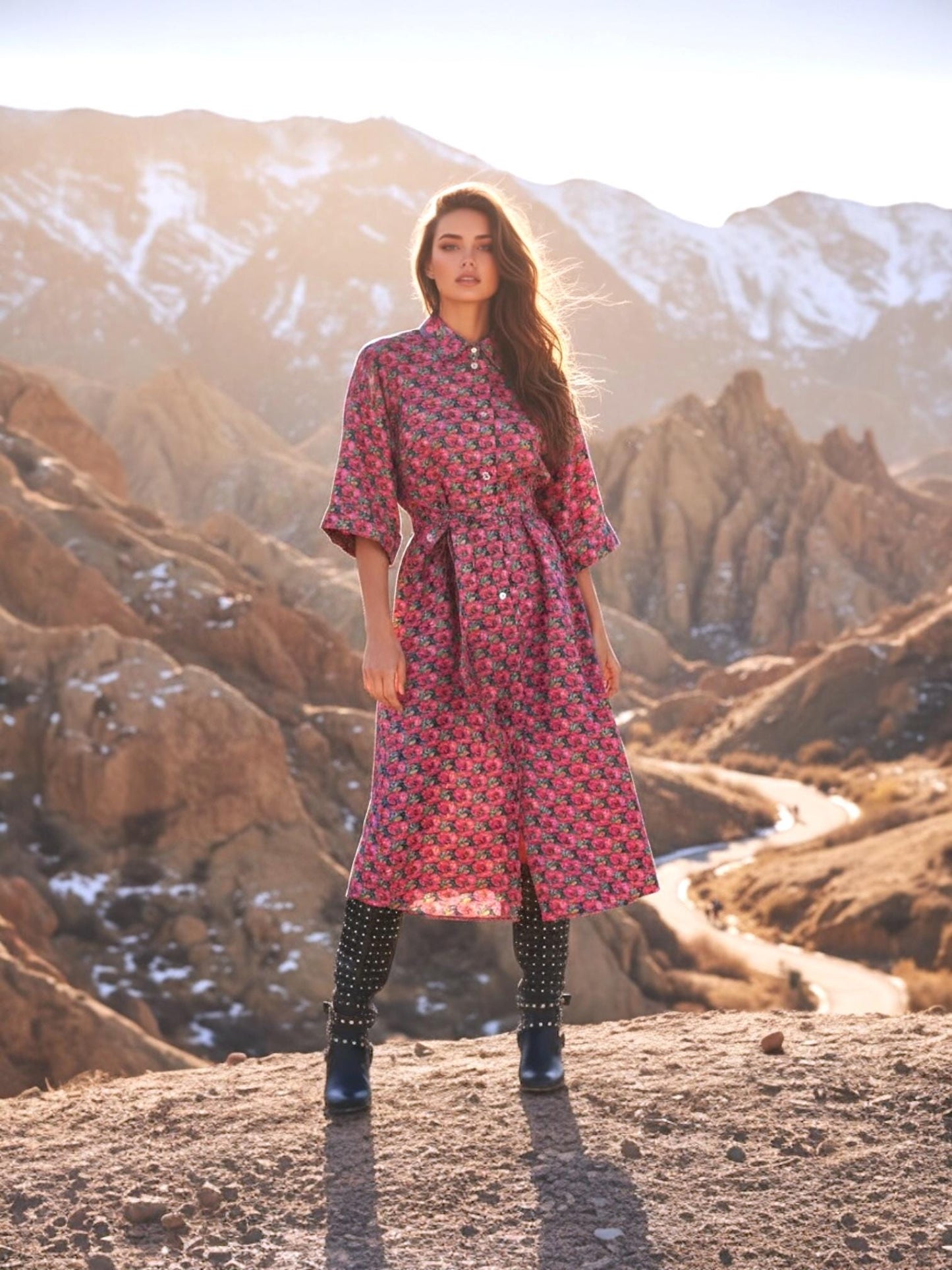 May include: A long, button-down dress with a floral pattern in shades of pink and red. The dress has short sleeves and a belted waist. The model is wearing black boots with silver studs. The background features a mountainous landscape.