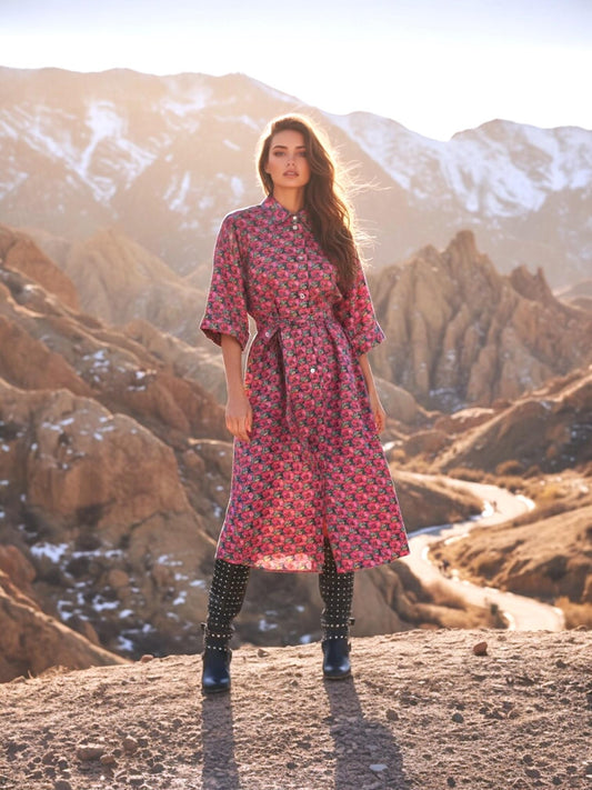 May include: A long, button-down dress with a floral pattern in shades of pink and red. The dress has short sleeves and a belted waist. The model is wearing black boots with silver studs. The background features a mountainous landscape.