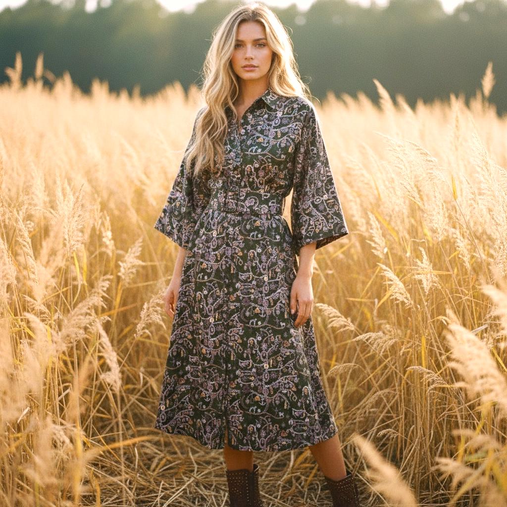 May include: A dark green midi dress with a button-down front and a patterned design. The dress has a collared neckline and flared sleeves. The model is wearing brown boots and standing in a field of tall grass.