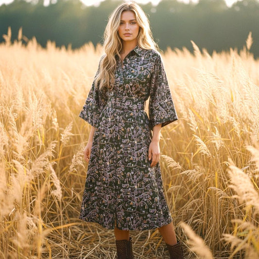 May include: A dark green midi dress with a button-down front and a patterned design. The dress has a collared neckline and flared sleeves. The model is wearing brown boots and standing in a field of tall grass.