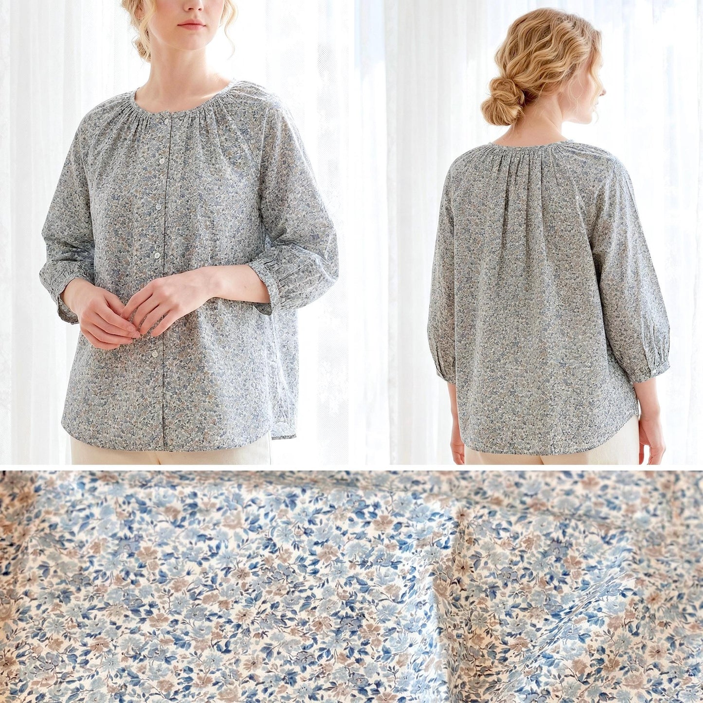 Liberty London Peasant Button-Up Blouse, Three-quarter Bishop Sleeves Shirt, Handcrafted Tailoring Clothing, Sustainable Womenswear