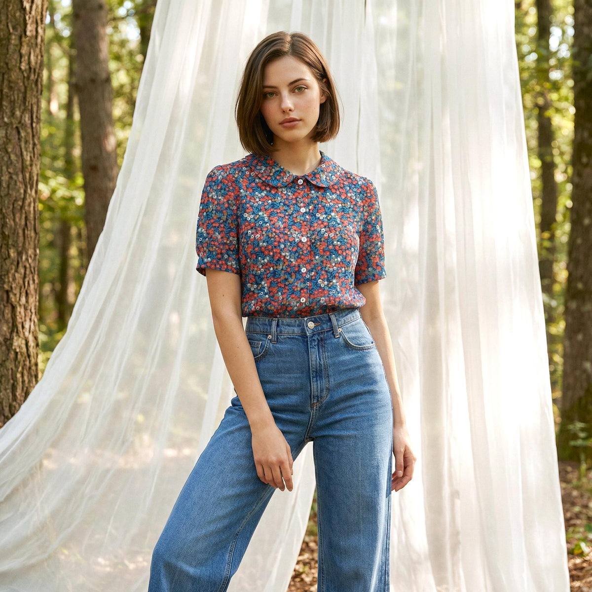Liberty London Peter-Pan Collared Blouse, Floral-print Cotton Puffed-sleeves Button-up Shirt, Handmade Botanical Cotton Womenswear