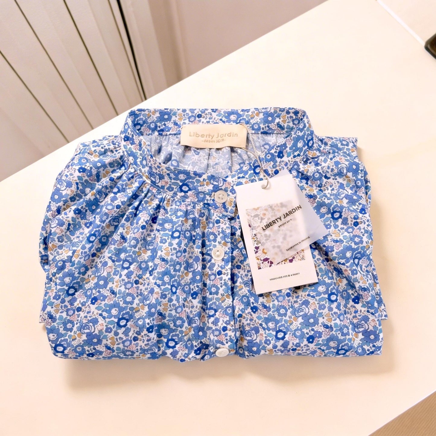 Liberty London Mandarin Collared Button-Up Blouse, Peasant Gathered Botanical Chemise, Handcrafted Womenswear, Sustainable Clothing