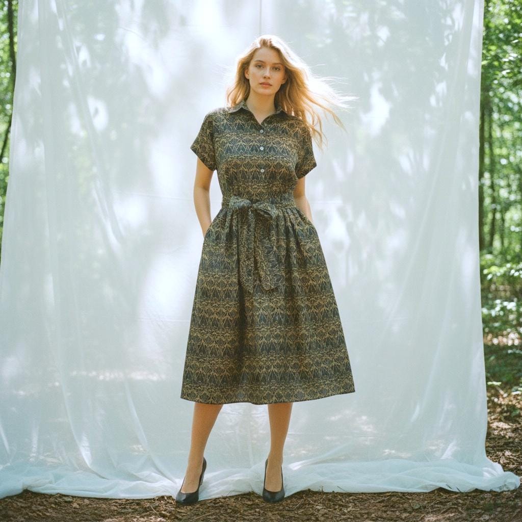 Liberty London Midi Shirt Dress, Drop Shoulder Short Sleeves Navy Gold Print Handmade Clothing