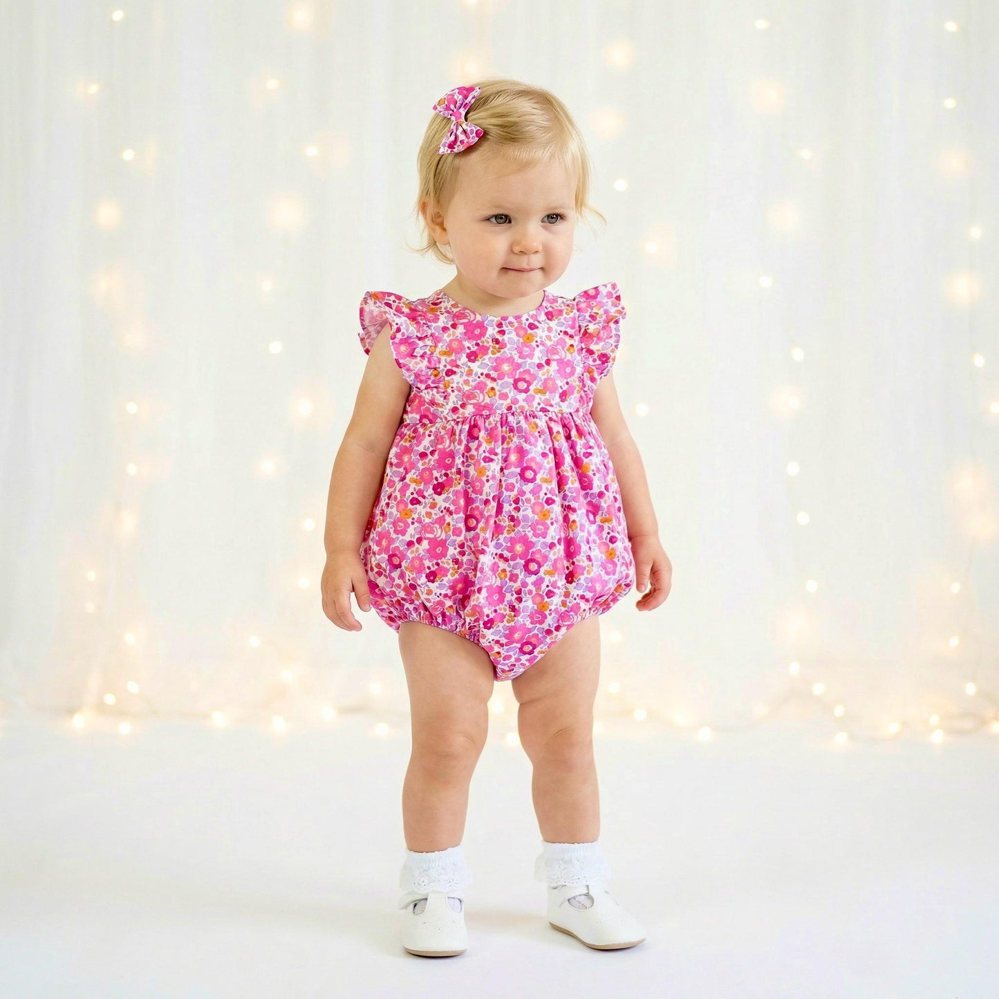 Liberty London Ruffle Sleeveless Bubble Romper, Personalised Children Clothing, Sustainable Ethical-wear, Cotton Lightweight Sunsuit