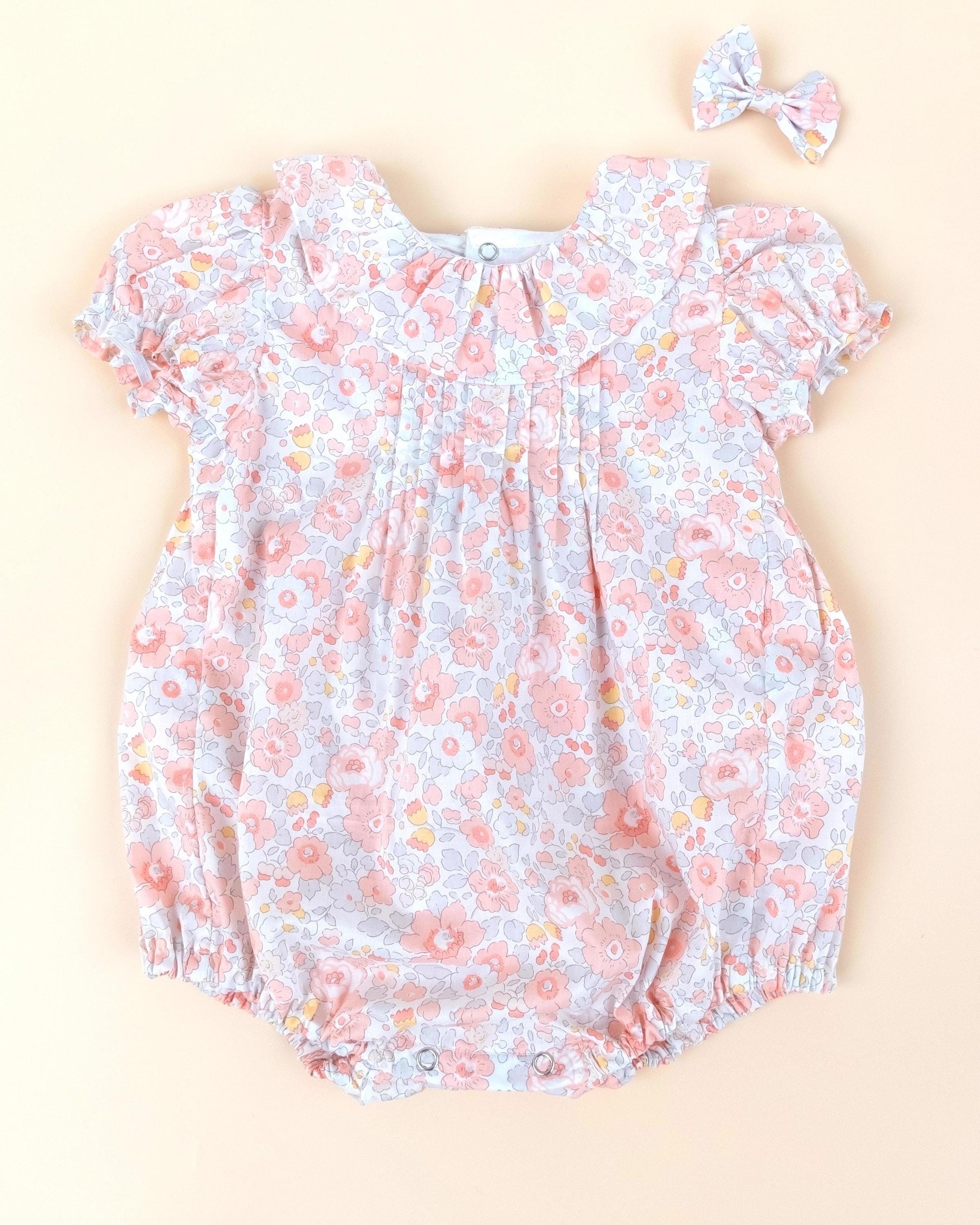 Liberty London Heirloom Children-wear, Pierrot Ruffle Collared Short-Sleeved Bubble Romper, Handmade Sustainable Ethical Clothing