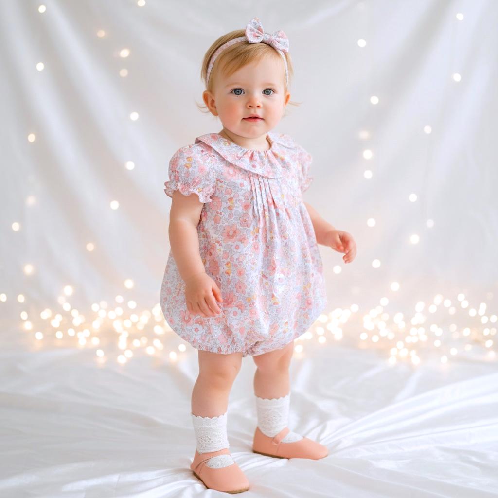 Liberty London Heirloom Children-wear, Pierrot Ruffle Collared Short-Sleeved Bubble Romper, Handmade Sustainable Ethical Clothing