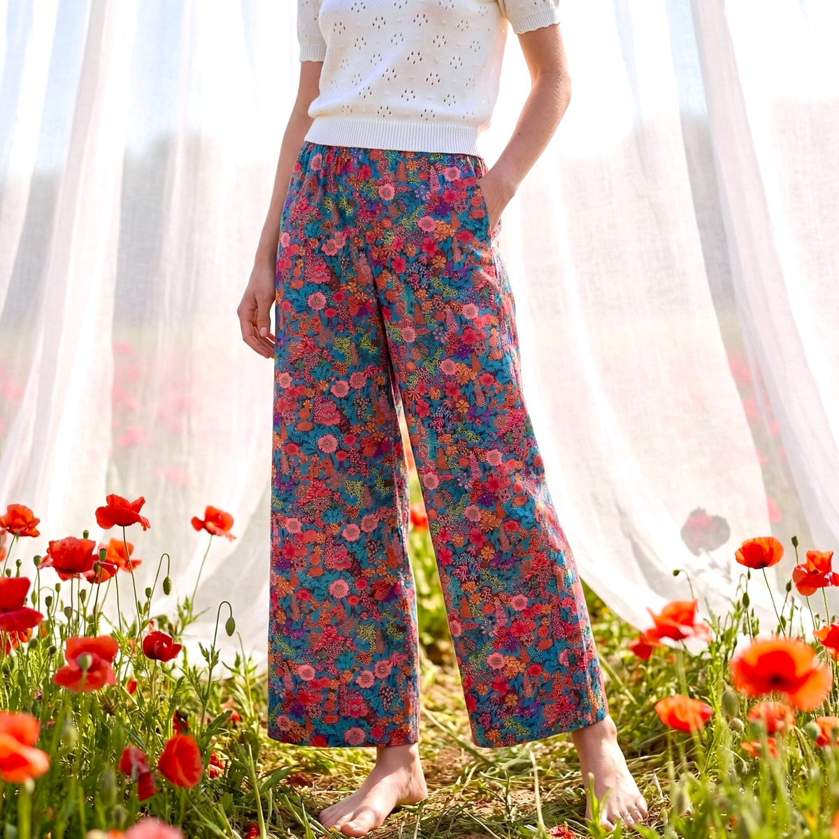 Liberty London Palazzo Pants, Handmade Botanical Floral-print Cotton Trousers, Wide-legged Tailoring Loungewear Bottoms, Ethical-womenswear