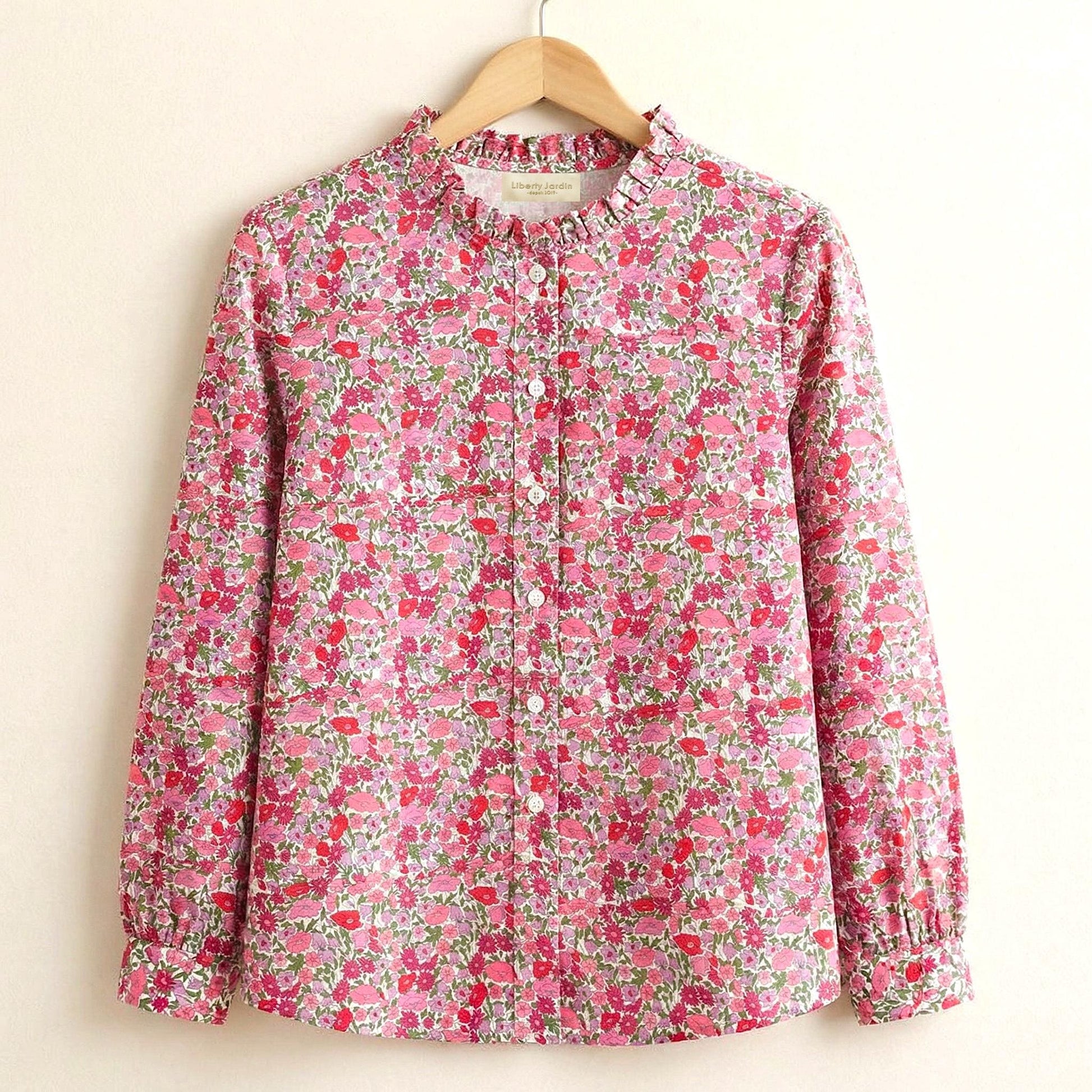 Liberty London Ruffle Collared Long Sleeves Button-up Blouse, Personalised Cotton Chemise, Handmade Sustainable Womenswear