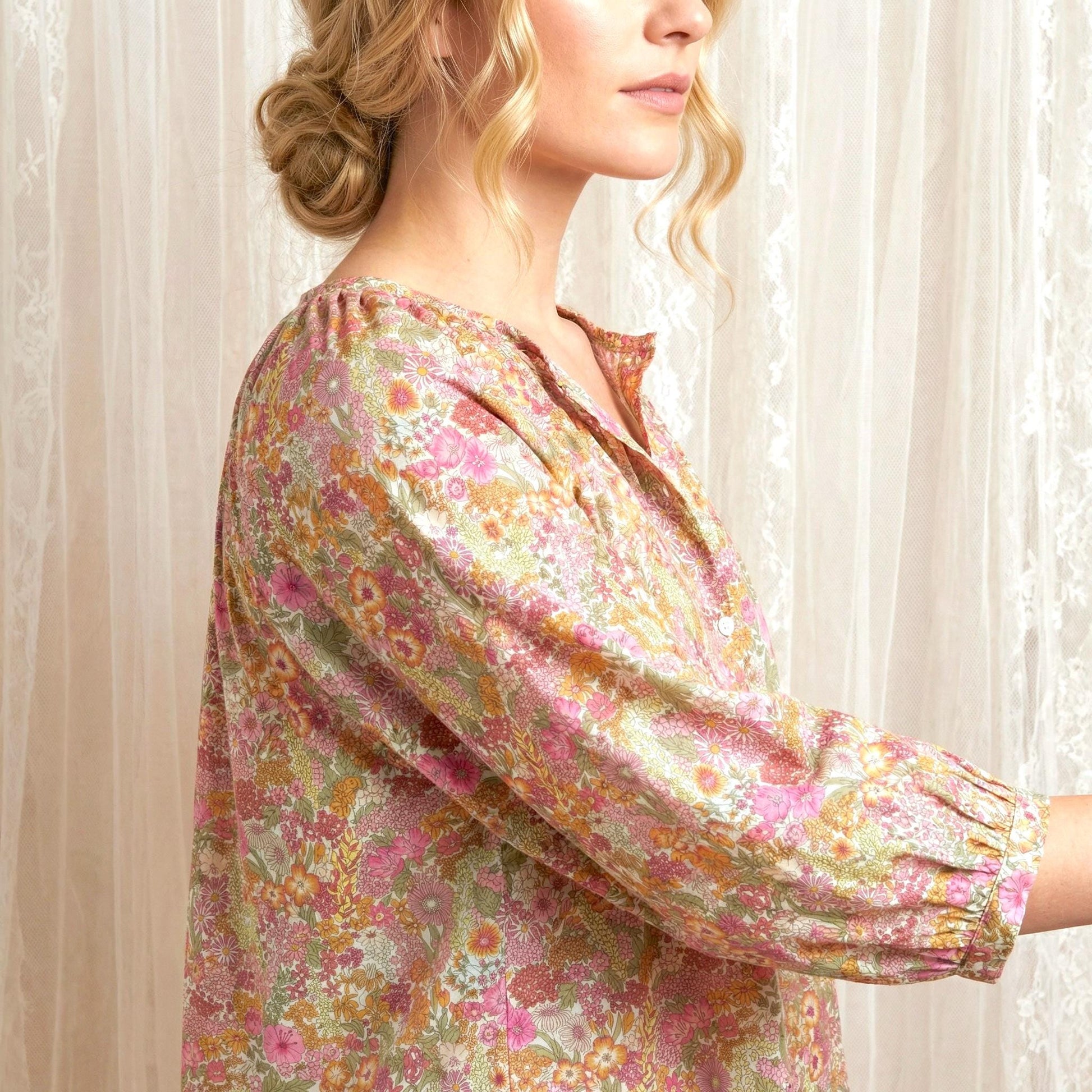 Liberty London Peasant Button-Up Blouse, Three-quarter Bishop Sleeves Shirt, Handcrafted Botanical Clothing, Sustainable Womenswear