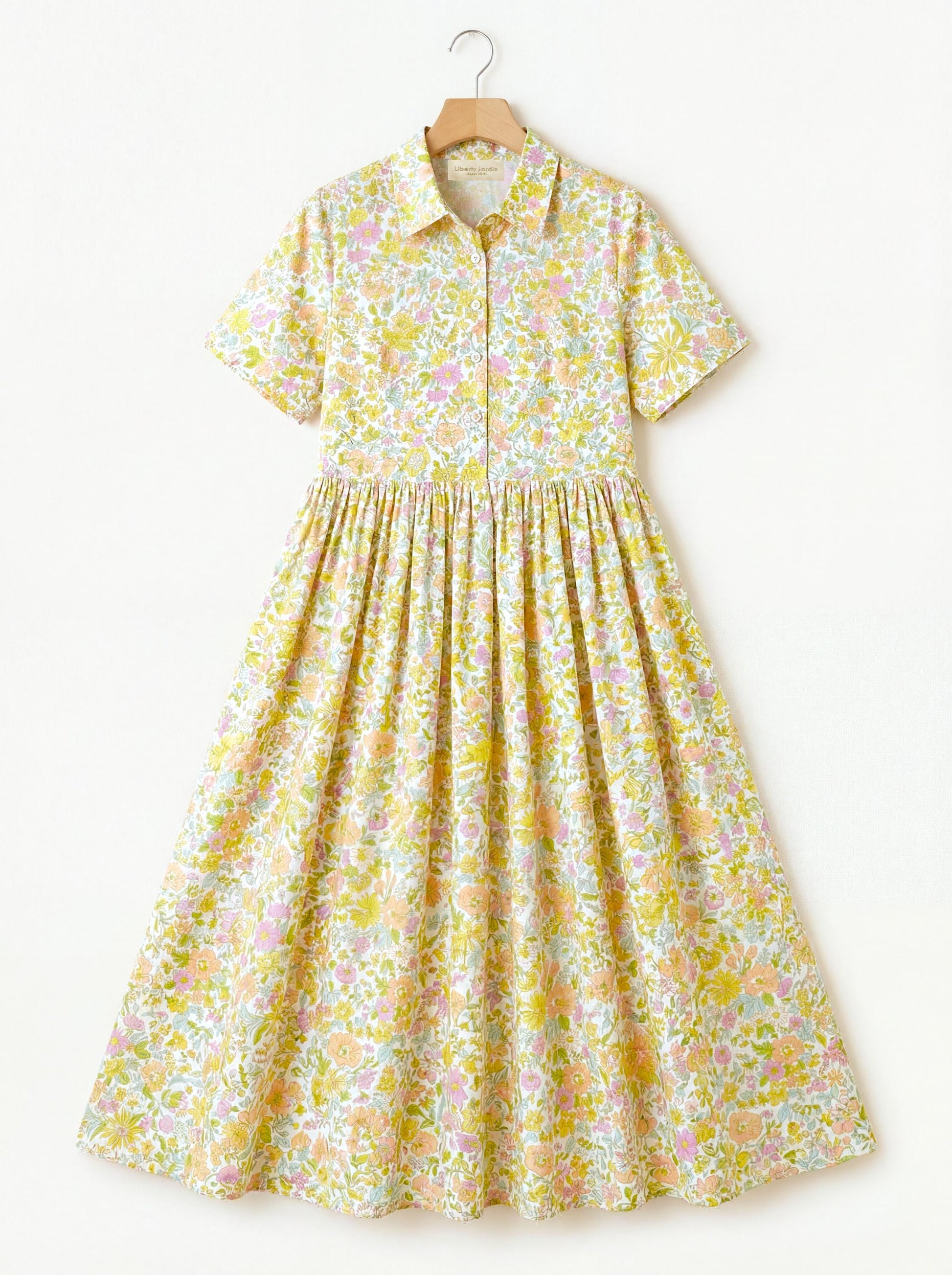 Liberty London Short-Sleeved Shirtdress, Handmade Botanical Floral-Print Womenswear, Midi Tailoring Dress, Sustainable Ethical Clothing