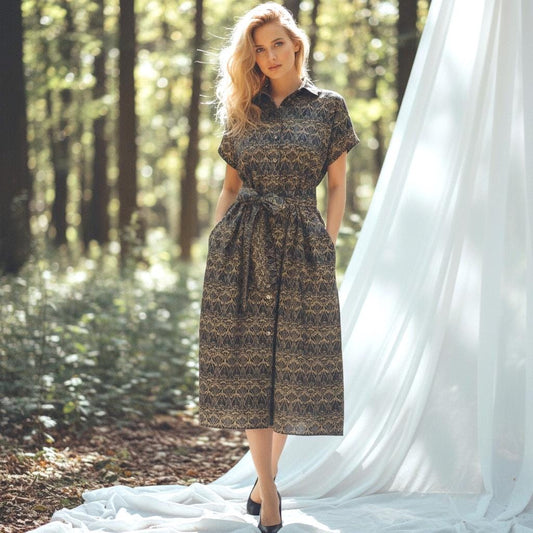 Liberty London Midi Shirt Dress, Drop Shoulder Short Sleeves Navy Gold Print Handmade Clothing